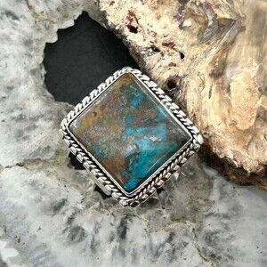 Sterling Southwestern Style Chrysocolla Decorated Bar Ring Size 7.5 For Women